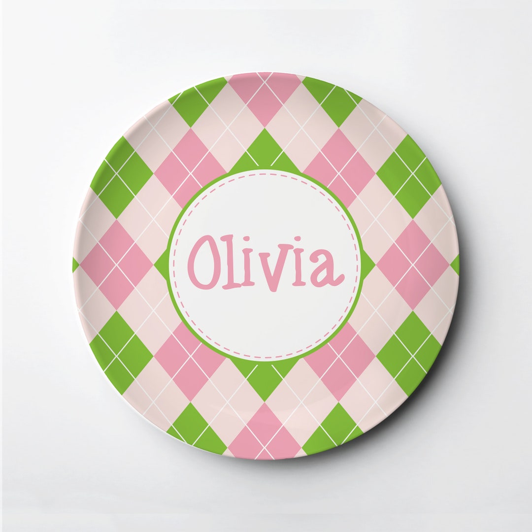 Girl Plate Personalized Pink Grey Argyle Polymer Plate Etsy UK