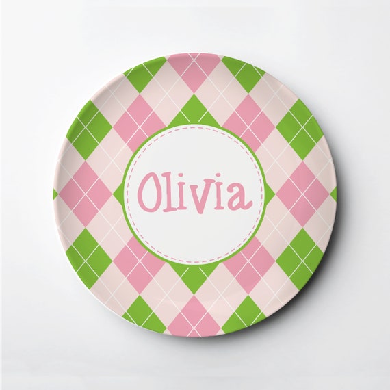Girl Plate Personalized, Pink Grey Argyle Polymer Plate, Preppy, Microwave Dishwasher Oven Safe - Lasts for Years Il_570xn
