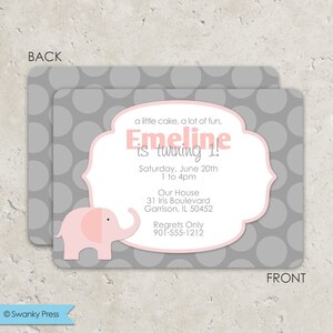 Pink and Gray Elephant Invitations - birthday or baby shower