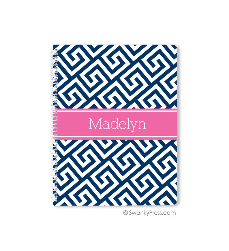 Personalized Spiral Notebook Greek Key Pattern School Supplies Pick Your School Colors and Monogram Notebook image 1