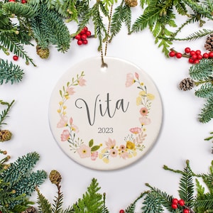 Personalized Baby&#39;s First Christmas Ornament: Pink Blossom Ceramic