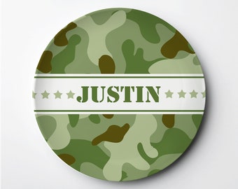 Camouflage Personalized Plate, Boy Army Hunting Personalized Polymer Plate -  Microwave Oven Dishwasher Safe, Lasts for Years