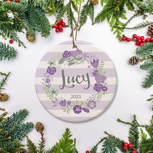 Personalized Christmas Ornament, Baby Girl Ornament, Floral Wreath- Purple Ornament, Baby&#39;s 1st Christmas