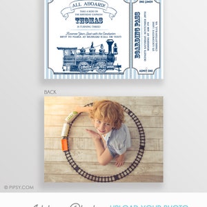 May include: A blue and white train ticket invitation for a birthday party. The front of the ticket has a vintage illustration of a steam train engine. The text on the ticket reads "All Aboard! Take a ride on the birthday express! Thomas is turning three! Reserve your seat with the conductor. RSVP to Maria at 615.555.1212 (call or text)". The back of the ticket has a photo of a young boy playing with a toy train track.