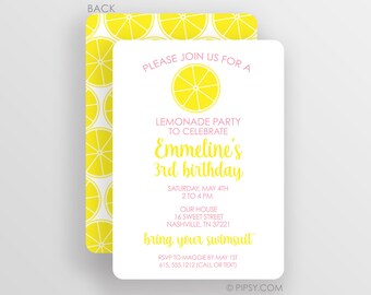 Lemonade Stand Birthday Invitationsm 2 sided design with lemon slices, Customize colors, choose printed cardstock or digital JPG invites