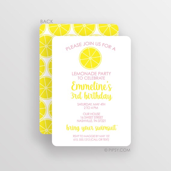 Lemonade Stand Birthday Invitationsm 2 sided design with lemon slices, Customize colors, choose printed cardstock or digital JPG invites Il_570xn
