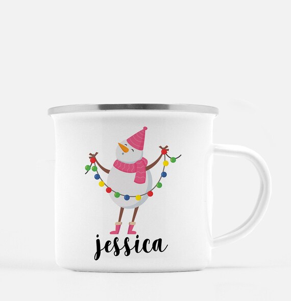 Snowman with festive string of holiday lights, pink scarf and hat - Personalized Christmas Kids Mug - Holiday Gift, Metal Camp Mug Il_570xn