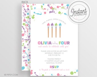 Paint Splatter and Brushes Art Party Invitation- Instant Download & Editable File - Templett Birthday Invitation Girl