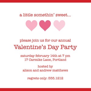 Valentine's Day Party Invitation three hearts Fun 2-sided Design on premium cardstock image 2