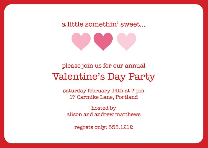 Valentine's Day Party Invitation three hearts Fun 2-sided Design on premium cardstock image 2