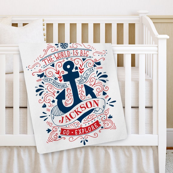 Personalized Baby Blanket, Boy Baby blanket, Anchor Nautical Receiving Blanket, Baby Crib Blanket, Adventure Blanket, Baby Shower Gift Il_570xn