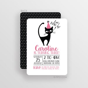Cat Birthday Invitation, Kitten Party Invitation, Black Cat Invite, Choose Premium Printed Cardstock or Digital JPG