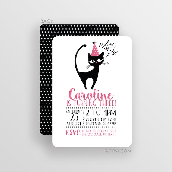 Cat Birthday Invitation, Kitten Party Invitation, Black Cat Invite, Choose Premium Printed Cardstock or Digital JPG Il_570xn