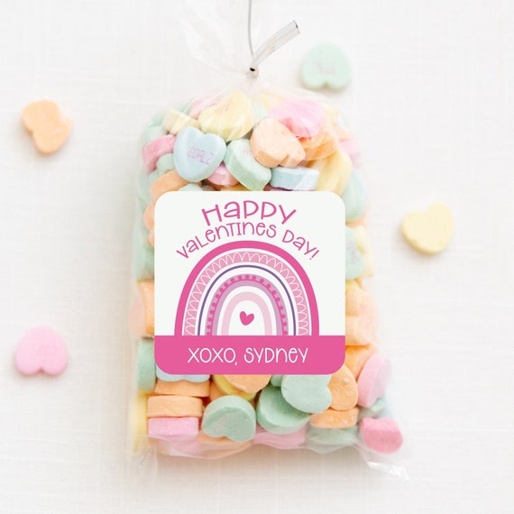 Valentine Stickers Personalized, Modern pink rainbow, Favor Stickers, Class Valentine, Favors, Treat Bags Il_570xn