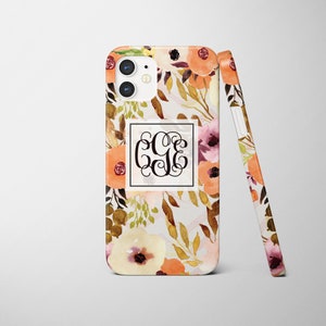 Monogrammed iPhone Case, Feminine Floral Watercolor, for the iPhone 16 and prior models, Snap and Tough case options