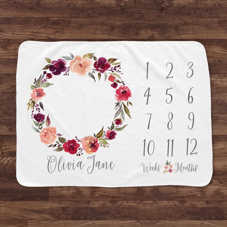 Baby Month Milestone Blanket Watercolor Wreath Girl image 0