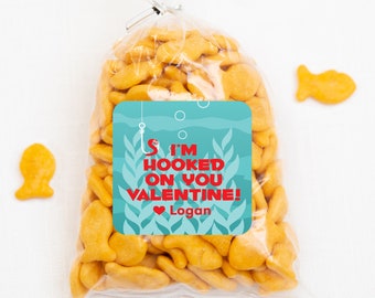 Valentine's Day Stickers, Goldfish, I'm hooked on you - 12 per sheet or print at home digital file