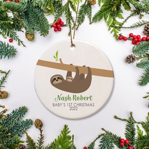 Sloth Christmas Ornament, Baby's First Christmas Ornament Round Ceramic personalized Sloth Ornament Baby Gift 2022 image 1