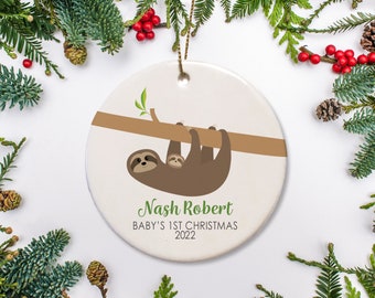 Sloth Christmas Ornament, Baby's First Christmas Ornament - Round Ceramic personalized Sloth Ornament - Baby Gift 2022