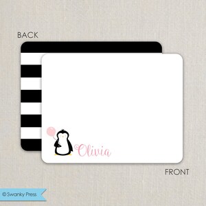 Penguin Party - Ice Skating Party - Thank you Notes - Flat Notecards Stationery with 2-sided printing - Black and Pink