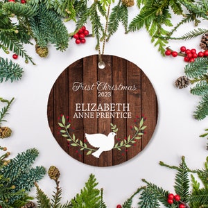 Baby&#39;s First Christmas Ornament, Personalized Dove with Laurel Branch, Keepsake Gift