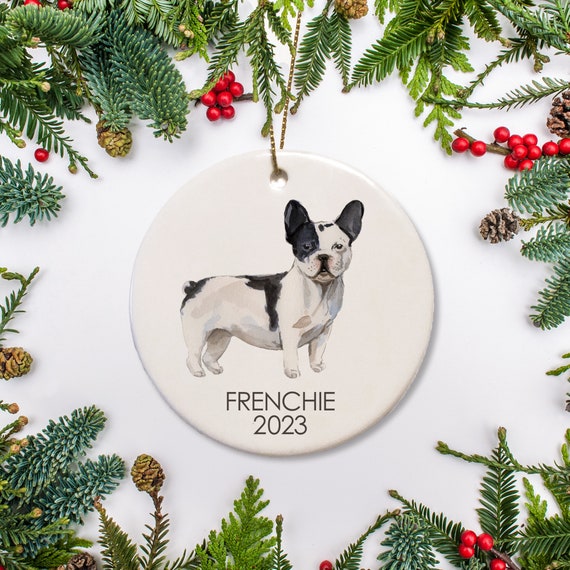 French Bulldog Personalized Christmas Ornament, Watercolor Black and White Dog Ornament, Pet's 1st Christmas, Gift for dog lover Il_570xn
