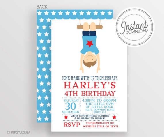 DIY Gymnastics Invitation - Printable Gymnastics Invitation - Boy Gymnastics - Templett Invitation - Print or email however you want Il_570xn