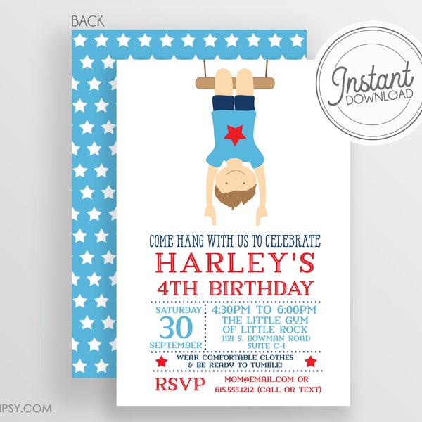 DIY Gymnastics Invitation -  Printable Gymnastics Invitation - Boy Gymnastics - Templett Invitation - Print or email however you want