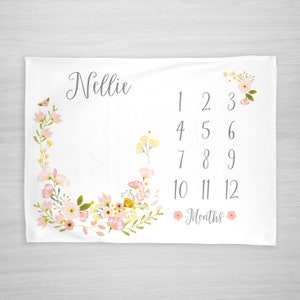 Manta de hito del mes de la niña: flor, niña, manta de bebé personalizada, seguimiento del crecimiento y la edad, regalo de baby shower de nueva mamá imagen 3