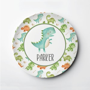 Dinosaur Kid&#39;s Plate, personalized with child&#39;s name, featuring Tyrannosaurus Rex or T-Rex, ThermoSāf® Plate