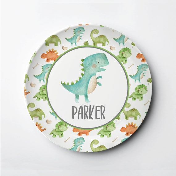 Dinosaur Kid's Plate, personalized with child's name, featuring Tyrannosaurus Rex or T-Rex, ThermoSāf® Plate Il_570xn
