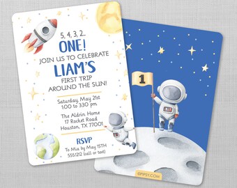 First Trip Around the Sun Birthday Invitation for a Boy, Space Astronaut Party Invite, First Birthday