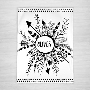 May include: Black and white illustration of a circle with the name Oliver inside, surrounded by feathers, arrows, and leaves. The design is on a white background with a black dotted border.
