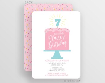 Girl Birthday Invitation, Pink Cake on Stand with Sprinkles, Printed Cardstock Invitations or Digital DIY JPG