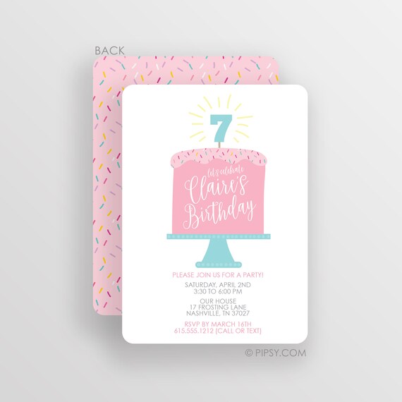 Girl Birthday Invitation, Pink Cake on Stand with Sprinkles, baking
