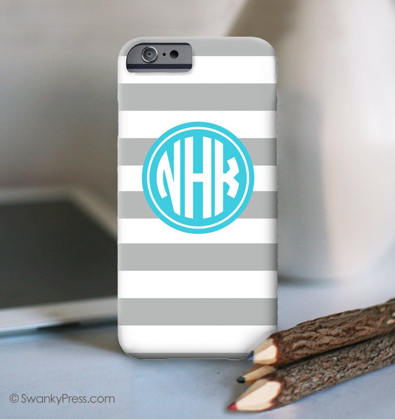 iPhone Personalized Case with bold gray Stripes and classic monogram Choose any Custom Color Scheme iPhone 14 and prior models image 2