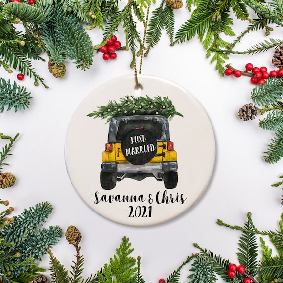 Just Married Newlywed Christmas Ornament, Wedding Ornament, Personalized Wedding Gift, Yellow Car Truck with Christmas Tree, First Christmas Il_570xn