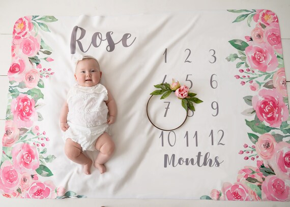 Baby Girl Pink Floral Milestone Blanket, Personalized Girl Milestone, Track Baby Growth, Girl Growth Blanket, Monthly Growth Photo Blanket - Ireland