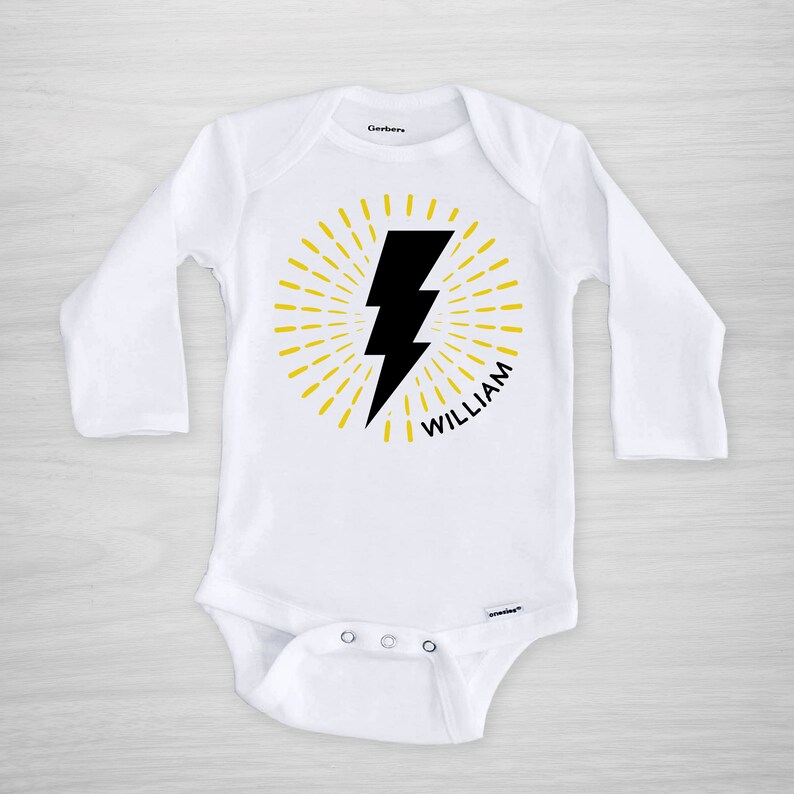 Lightning Bolt Personalized Onesie® modern, starburst, superhero, comic book style, Baby Gerber Onesie® Long Sleeved