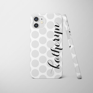 iPhone Personalized Case with soft gray Polka Dots and bold name, Choose your colors, iPhone 14, 14 Pro, 13 Pro Max Case image 1