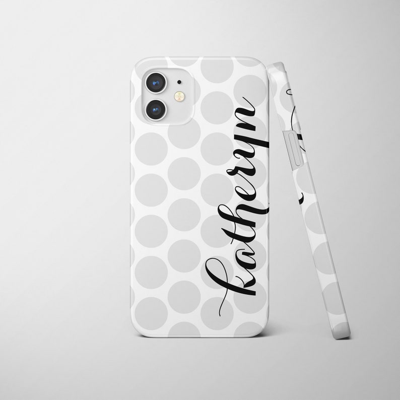 iPhone Personalized Case with soft gray Polka Dots and bold name, Choose your colors, iPhone 14, 14 Pro, 13 Pro Max Case image 1