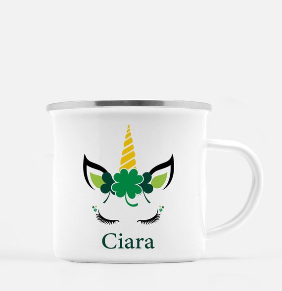 Personalized Kids Camp Mug - St. Patrick's Day Unicorn- Luck of the Irish - 10oz Metal Camp Mug Il_570xn
