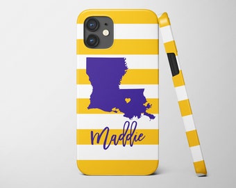 Personalized iPhone 14 Case, Louisiana State with striped pattern, iPhone 14 and prior models