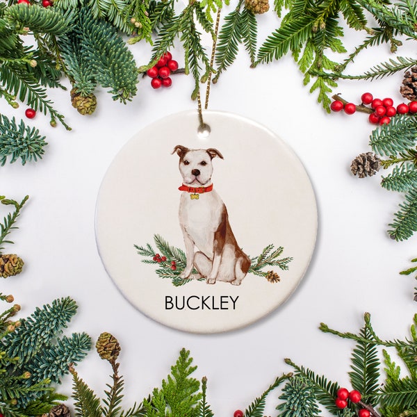 Pit bull Christmas Ornament, brown & white coloring, Personalized with your Pitbull's name