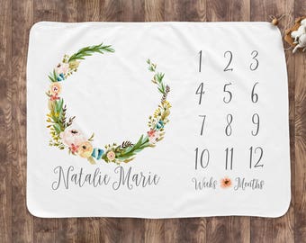 Baby Month Milestone Blanket- Wildflower Wreath - Girl - Personalized Baby Blanket - Track Growth and Age - New Mom Baby Shower Gift