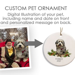Custom Pet Ornament - Digitally Illustrated Christmas Ornament using your photo of your dog, cat or guinea pig