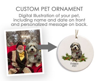 Custom Pet Ornament - Digitally Illustrated Christmas Ornament using your photo of your dog, cat or guinea pig