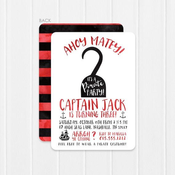 Pirate Invitation / Pirate Party Invitation / Pirate Birthday Invitation Pirate Hook / Watercolor Pirate Birthday Invitation Il_570xn