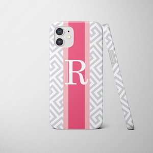 May include: A white phone case with a pink and gray geometric pattern and a white letter "R" in the center. The case is designed for an iPhone.