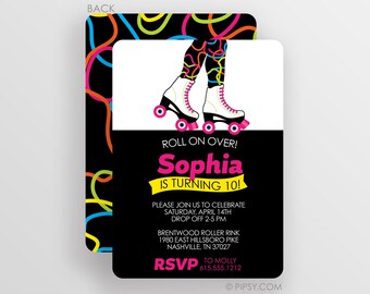 Roller Skating Invitations . Neon and Black . Roller Skate Birthday . Roller Skating Birthday